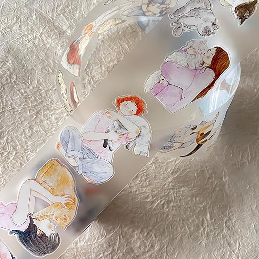 DingDing Vol9-32 My Pet Baby,Matte PET Tape Pre-Cut Washi Tape Stickers,Original Design Vintage Girls&Cute Pets Playing,for Scrapbook Supplies,Scrapbook Tape Stickers,Journaling,Bullet Journals