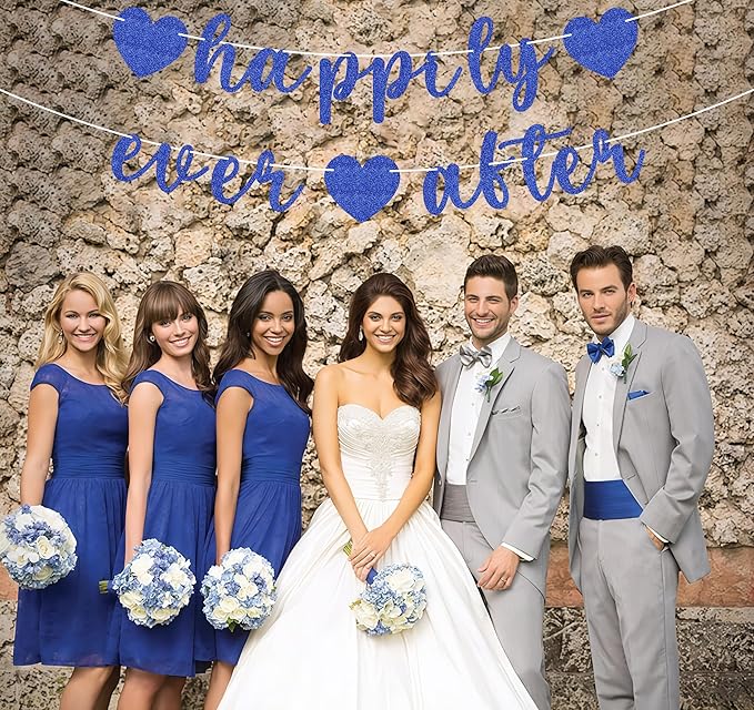 Pre-Strung Happily Ever After Banner - Royal Blue Glitter Bachelorette Bridal Engagement Party Decoration Supplies, Bachelorette Wedding Party Banner for Engagement, Bridal Shower, Wedding Party Photo Booth Props