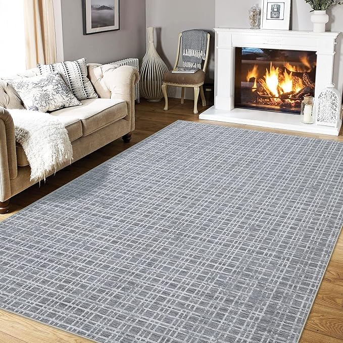 Washable Area Rugs 8x10 Rug for Living Room Modern Bedroom Rug Grid Large Area Rug Farmhouse Non Slip Throw Rugs Soft Low Pile Stain Resistant Carpet for Dining Room Classroom 8'x10' Grey