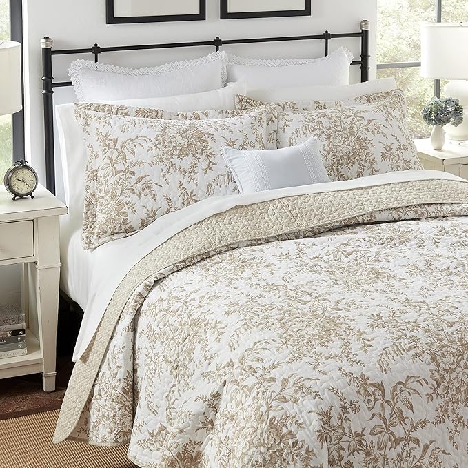 Laura Ashley - Twin Quilt Set, Reversible Cotton Bedding with Matching Sham, Medium-Weight for Year Round Use, Dorm Essentials (Bedford Mocha)