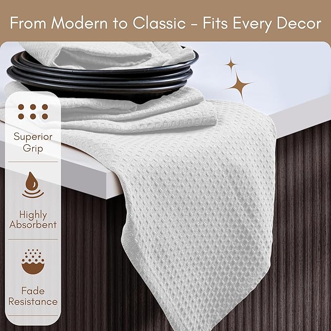 TWINY threads Kitchen Towels Set of 12, 100% Soft Cotton Waffle Weave Dish Towels, Tea Towels with Hanging Loop, Resuable Bar Towels for Table Cleaning, Dinning, Parties- 16"X 26" - White