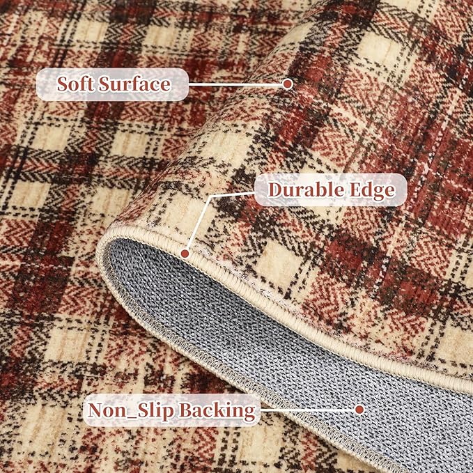 Washable Rugs 8x10 Rug for Living Room Bedroom Rug Modern Plaid Area Rug Soft Carpet 8'x10' Red