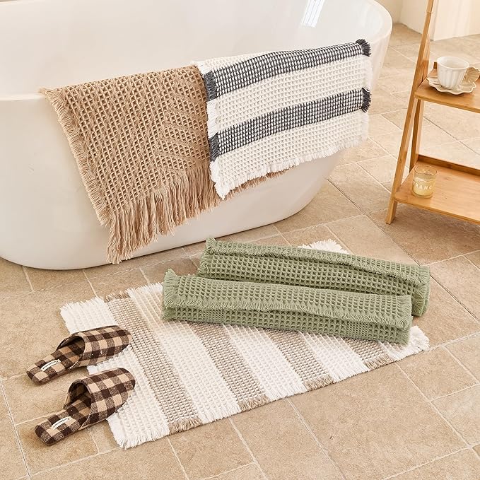 Waffle Bath Mat Non Slip, Boho Bathroom Rug, Super Absorbent Quick Dry Bathroom Mat, Soft Farmhouse Bath Rug with Tassels, Small Washable Shower Mats for Floor 24"x36", Tassels Sage Green