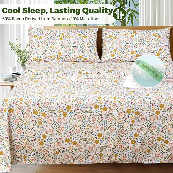 Bedlifes King Floral 4-Piece Sheet Set - Cooling Sheets Blend Rayon Derived from Bamboo,Soft & Breathable, Deep Pocket 16", Wrinkle Resistant - Featuring Floral