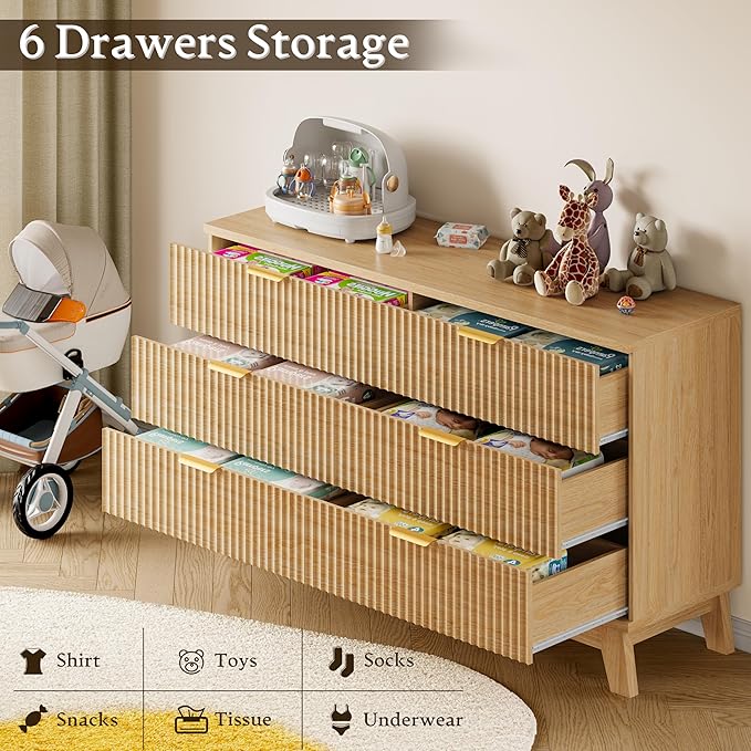 BORNOON 53" Long Dresser for Bedroom, 6-Drawer Dresser with Fluted Fronts, Wide Wood Chest of Drawers, Smooth Metal Slides, Stable Base, Modern Clothes Storage Cabinet for Living Room, Hallway
