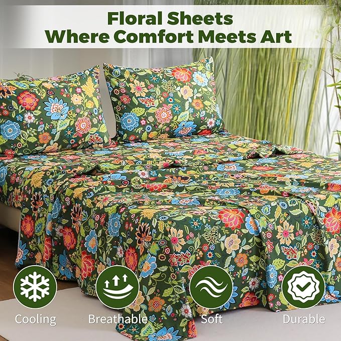 Bedlifes King Floral 4-Piece Sheet Set - Cooling Sheets Blend Rayon Derived from Bamboo,Soft & Breathable, Deep Pocket 16", Wrinkle Resistant - Vibrant Boho Floral Dark Green