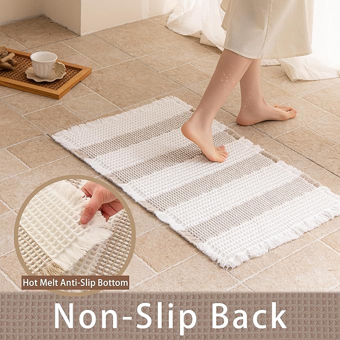 Waffle Bath Mat Non Slip, Boho Bathroom Rug, Super Absorbent Quick Dry Bathroom Mat, Soft Farmhouse Bath Rug with Tassels, Small Washable Shower Mats for Floor 20"x32", White and Taupe