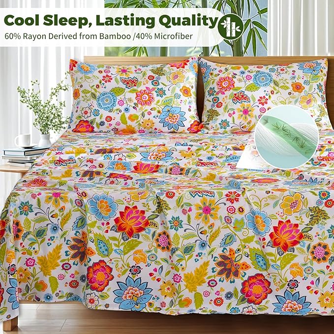 Bedlifes Twin Floral 3-Piece Sheet Set - Cooling Sheets Blend Rayon Derived from Bamboo,Soft & Breathable, Deep Pocket 16", Wrinkle Resistant - Vibrant Boho Floral Spring Design