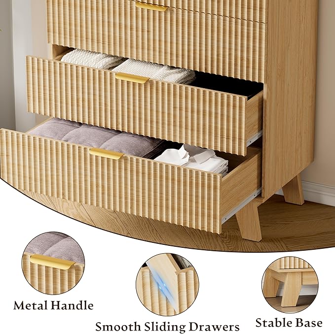 BORNOON 39" Tall Dresser for Bedroom, 4-Drawer Fluted Chest of Drawers, Modern Wood Highboy with Deep Storage, Metal Slides & Handles, Anti-Tip Kit, Vertical Clothes Organizer for Apartment, Nursery