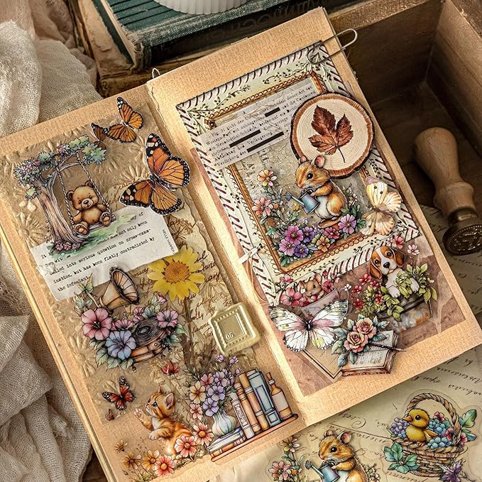 AuriicLeaf Twilight Garden PET Stickers – 120Pcs Retro Botanical & Animal Stickers, Waterproof for Scrapbooking, Journaling, Crafting & DIY Decor