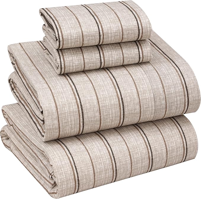 RUVANTI 100% Cotton California King Sheet Sets, 4 Pieces, Soft & Breathable Percale Weave Bedding, Deep Pocket 14", Hotel Standard, Crisp Cool Feel & Durable, Perfect Striped Sheets, Brown Stripes
