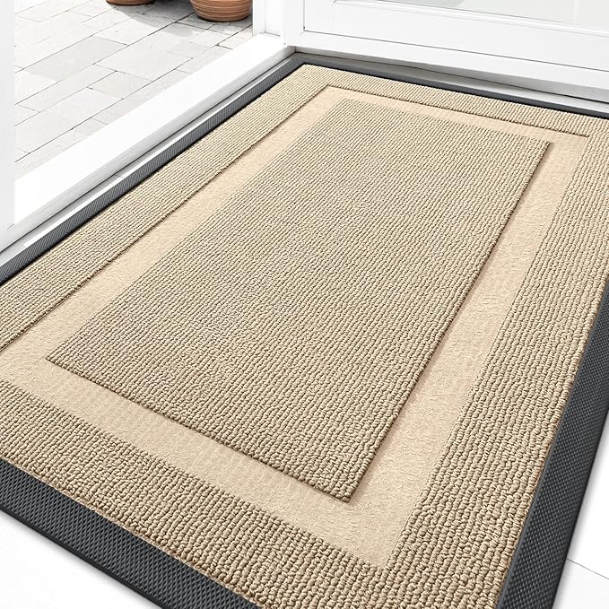 OLANLY Front Door Mat Indoor Outdoor Entrance, Waterproof All-Season, All-Weather Doormat, Sturdy Natural Rubber, Low Profile, Easy Clean Patio Porch Entryway Mat, 59x23, Off-White