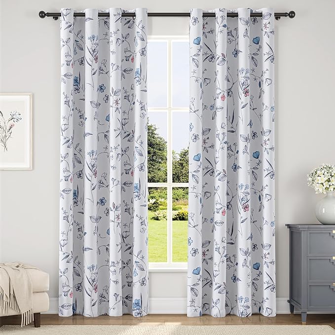 ChrisDowa 100% Blackout Floral Curtains 84 Inches Long 2 Panels for Bedroom Living Room Navy Blue Flower Patterned Room Darkening Thermal Insulated Soundproof Grommet Window Treatments Drapes,52X84