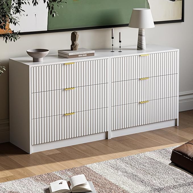 3-Piece Dresser Bedroom Set, 7 Drawer Dresser & 3 Drawer Nightstands with Gold Handles, Fluted Wood Chest of Drawers for Bedroom, Living Room, Entryway, White