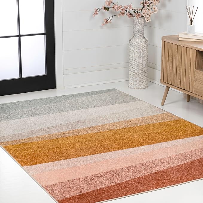 JONATHAN Y Prism Geometric Striped Indoor Area Rug 8x10, Red/Yellow/Gray, Modern, Coastal, Easy-Cleaning for Living Room, Bedroom, Kitchen, Pet Friendly, Non-Shedding (DZC101B-8)