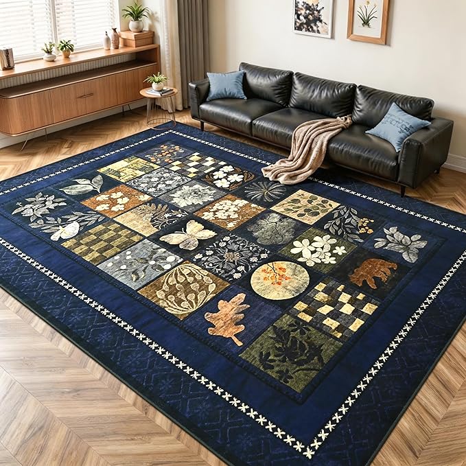 Tepook 8x10 Area Rugs for Living Room, Modern Large Geometric Rug for Bedroom, Washable Patchwork Rug Indoor Non Slip Throw Carpets for Dining Room Office Farmhouse Home Decor, Navy Blue
