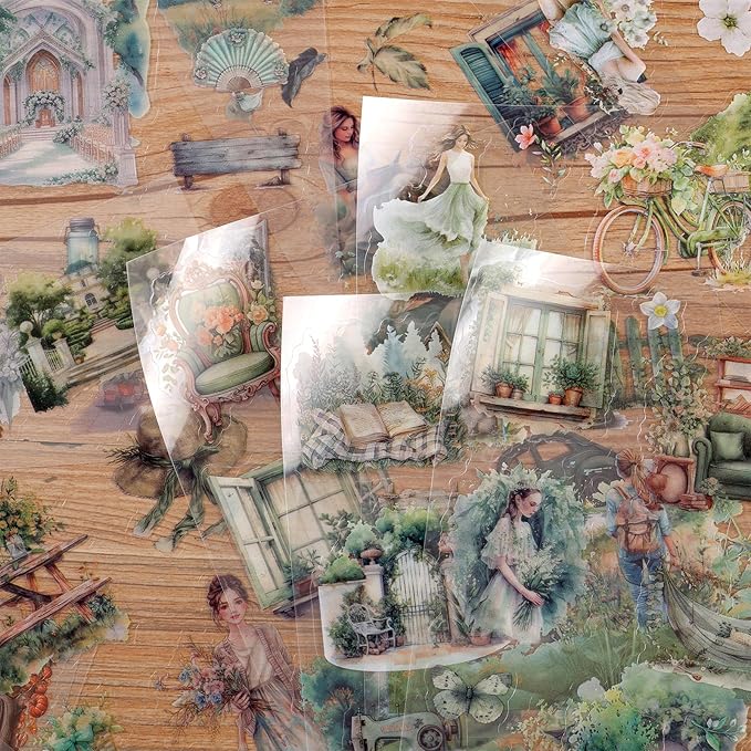 Auguro PET 20 Sheets 120 Pre-Cut Spring Journal Sticker Book for Scrapbooking People Landscape Stickers Transparent Sticker for journaling