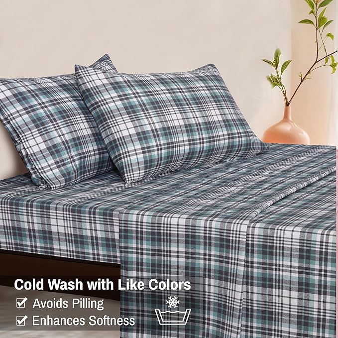 RUVANTI Flannel Sheets Queen Size - 100% Cotton Double Brushed Bed Sheets, Deep Pockets 16 Inches Queen Sheet Set, All Seasons Breathable & Extra Soft - Warm & Cozy, 4 Piece, Mint Grey