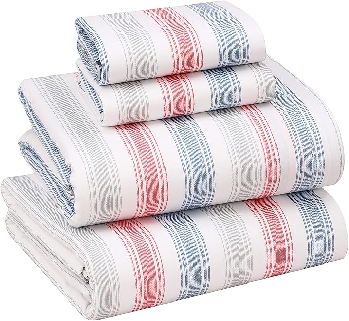 RUVANTI 100% Cotton California King Sheet Sets, 4 Pieces, Soft & Breathable Percale Weave Bedding, Deep Pocket 14", Hotel Standard, Crisp Cool Feel & Durable, Perfect Striped Sheets, Times