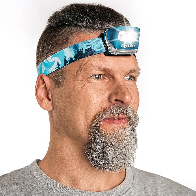 Foxelli LED Headlamp Flashlight for Adults & Kids, Running, Camping, Hiking Head Lamp with White & Red Light, Comfortable Headband, Lightweight & Waterproof, 3 AAA Batteries