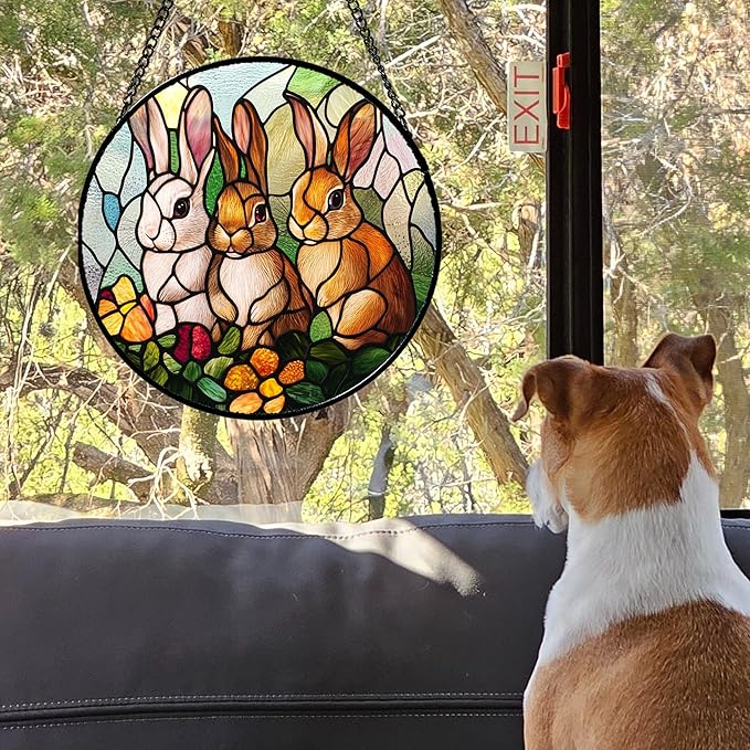 Stained Glass Window Hanging - 3 Cute Rabbits Suncatcher for Doors Garden Patio Bunny Sun Catchers Decor Christmas Mother's Day Birthday Teenager Gifts for Women Men Mom Nana Friend 15 in