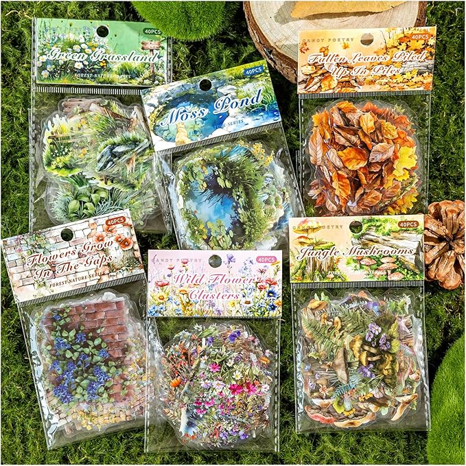 Nature Landscape Scrapbooking Sticker Set, 240 Pieces, 6 Themes Transparent PET Stickers for Journaling, Junk Journal Supplies, Planner, Collage, Bujo, Mixed Media, DIY Crafts Arts