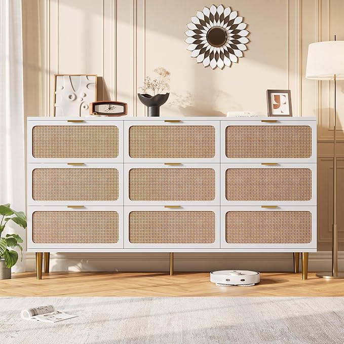 Garvee Rattan Dresser with 9 Drawers, Tall Modern Closet with Deep Storage, Large Chest of Drawers with Wide Top, Long Wooden Dresser for Bedroom, Living Room, Hallway, Kids Room, White