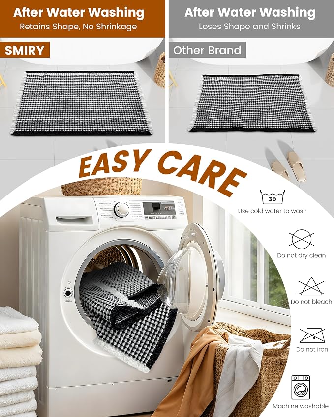 Smiry Waffle Bath Mat 60x24, Extra Soft Absorbent Bathroom Rugs, Non Slip Machine Washable Quick Dry Bath Rugs for Bathroom Floor, Tub, Shower, Home Decor Accessories, Black & Cream