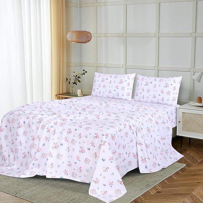 RUVANTI 100% Cotton Full Size Bed Sheets, 4 Pieces, Soft & Breathable Percale Weave Bedding, Deep Pocket 16", Hotel Standard, Crisp Cool Feel, Durable, Perfect Sheet Set Floral, Funa Flora