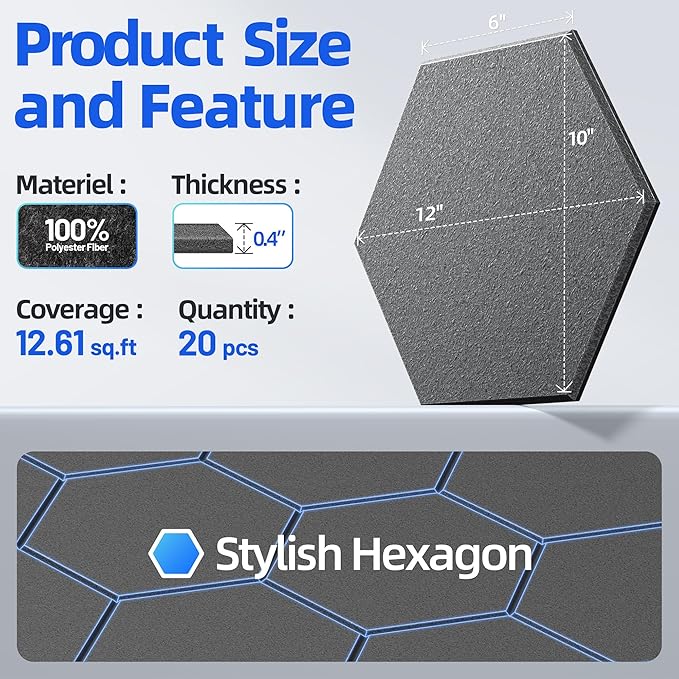 20 Pack Hexagon Acoustic Panels with Self-Adhesive, 12" X 10" X 0.4" Sound Proof Foam Panels for Walls, High Density Soundproof Wall Panels, Sound Dampening Panels for Home Studio Decor Office - Black