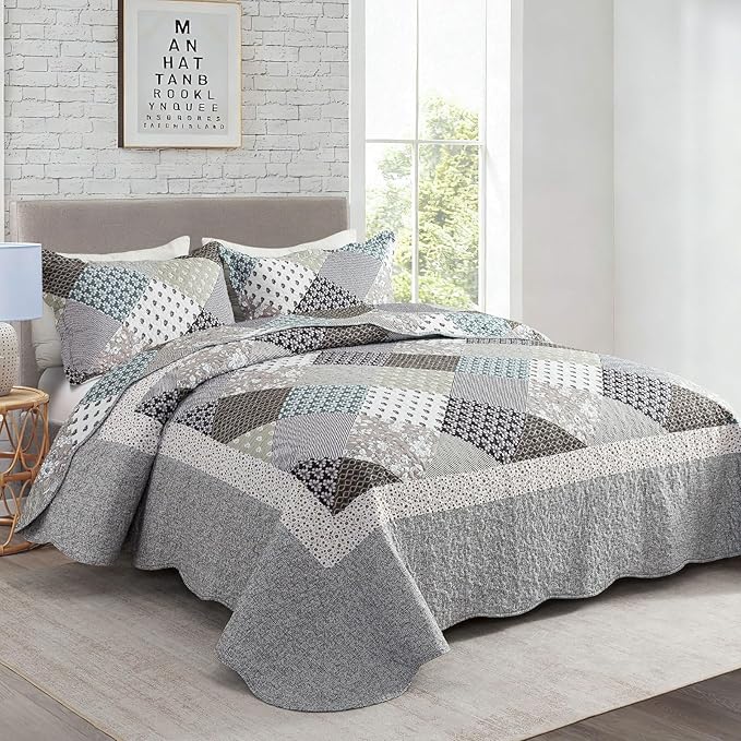 Travan 3-Piece Quilt Set Quilted Bedspread Garden Style Floral Printed Oversized Microfiber Lightweight Coverlet Set with Shams, Exquisite, Queen Size