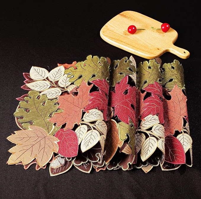 KEVA Fall Placemats Set of 4, 13inch x 19inch, Fall Decorations for Home Kitchen Dining Table, Thanksgiving Harvest Autumn Maple Leaves Embroidered Placemats