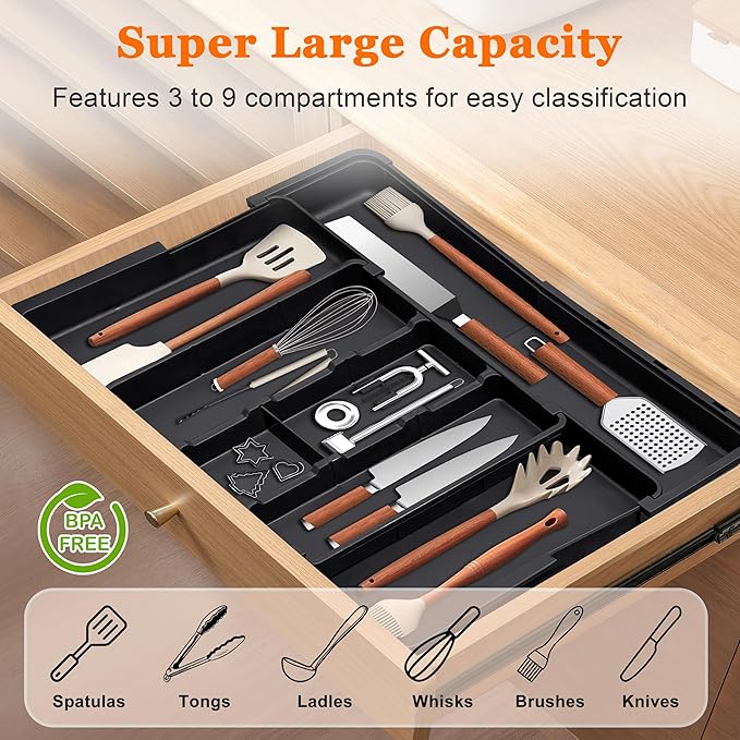 Large Utensil Drawer Organizer Expandable Silverware Organizer for Kitchen Drawer Adjustable Cooking Utensil Holder Cutlery Flatware Tray Spatula Tools Gadgets Storage Dividers Plastic Black