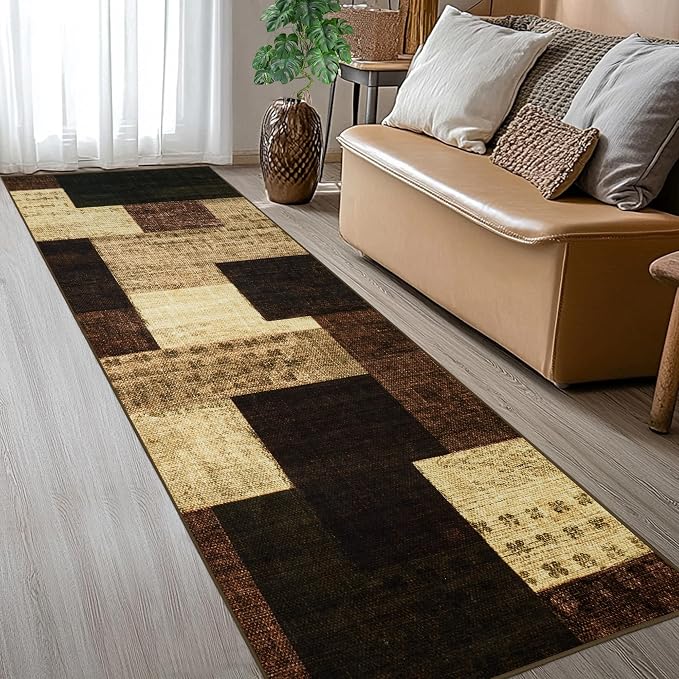 Modern Geometric Patchwork Indoor Runner Rug for Living Room, Warm Taupe 2'x 6' Rug Rockwood Collection Hardwood Floors Decor for Bedroom, Taupe Throw Carpet for Office Entryway Dining Room