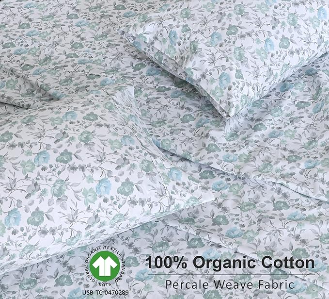 RUVANTI 100% Organic Cotton Sheets California King, Percale Weave, GOTS Certified, 4-Piece Set, Deep Pocket 13", Crisp & Breathable, Soft Durable Bedding, Sábanas Algodón Orgánico – Cold Chrysanthemum