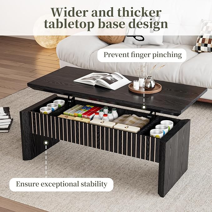 Lift Top Coffee Table with Storage, Mid Century Modern Coffee Table with Hidden Compartment, Fluted Wood Rectangle Center Table for Living Room, Home Office, Walnut (Black, 42.5''W)
