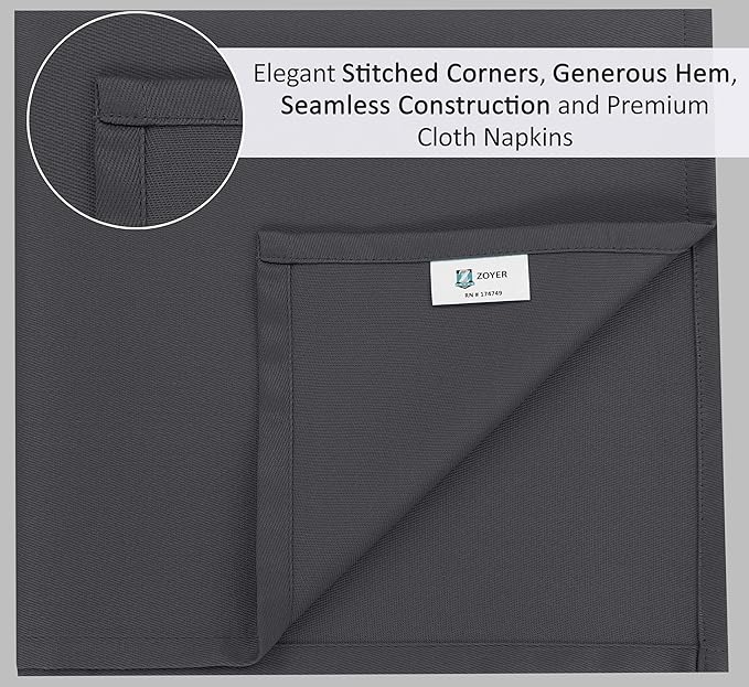 Zoyer Cloth Napkins Set of 12, 18x18 Inches Cotton Enrich Napkins Cloth ‎Washable, Soft & Durable Dinner Napkins for Parties, Wedding, Christmas, ‎Thanksgiving & Everyday Use - Dark Grey