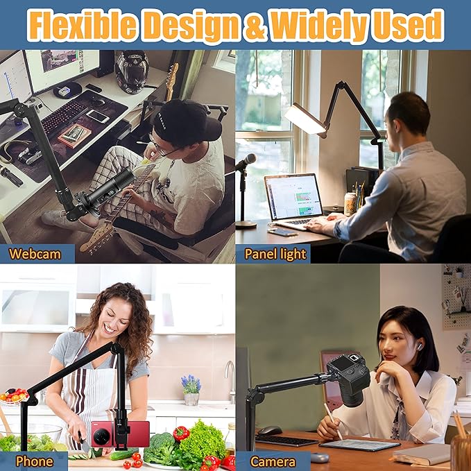 Overhead Camera Mount Desk Stand, Bearing 18lb, Base& Top 360° Adjustable, with 1/4“ 3/8" 5/8" Screw, 3-Section Flexible Articulating Metal Arm for DSLR Camera/Webcam