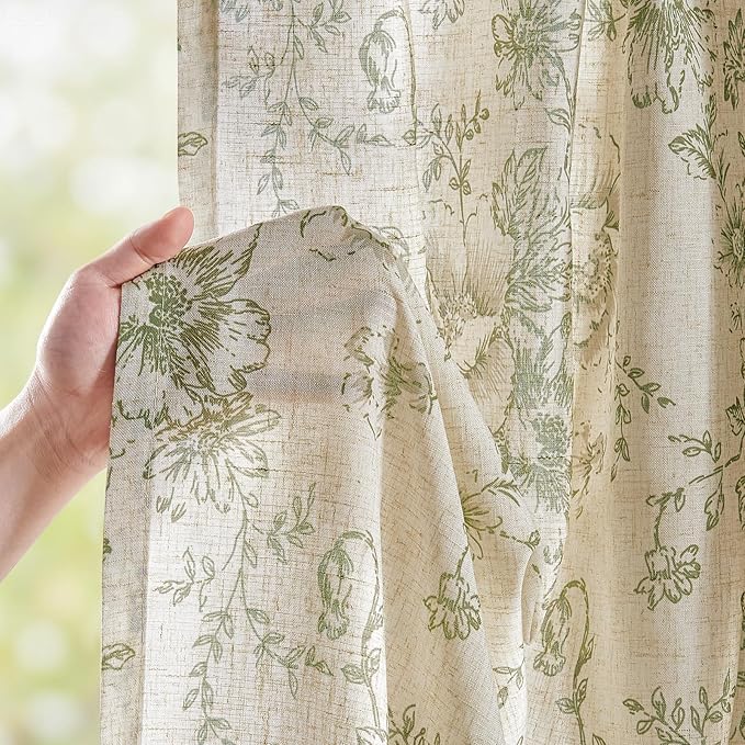 jinachan Linen Blend Floral Curtains for Living Room 90 Inch Length Christmas Sage Green Printed Curtain Rod Pocket Back Tab Farmhouse Peony Flower Patterned Drapes Bedroom Curtains Set 2 Panels