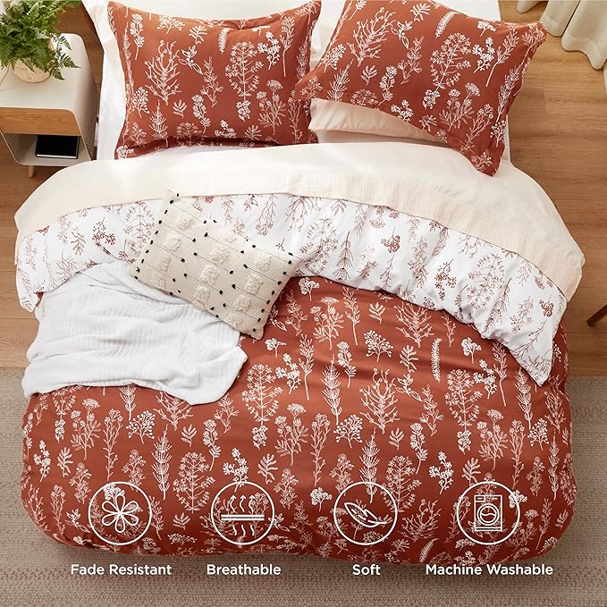 Bedsure Duvet Cover Queen Size - Reversible Terracotta Queen Duvet Cover Set with Zipper Closure, 3 Pieces Floral Patterned Bedding Set with 8 Corner Ties and 2 Pillow Shams