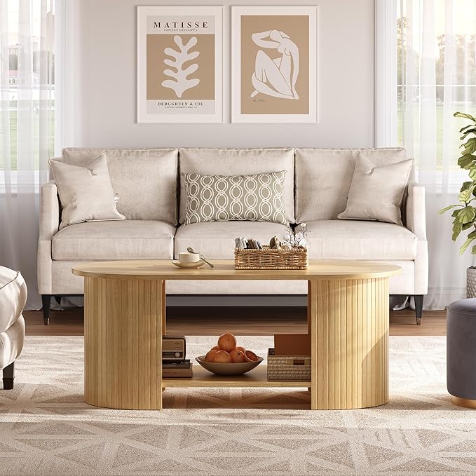 OneBlis Oval Fluted Coffee Table, 2-Tier Center Table with Large Storage, Mid-Century Modern Wood Coffees Table for Living Room, Home Office, Small Space, Oak