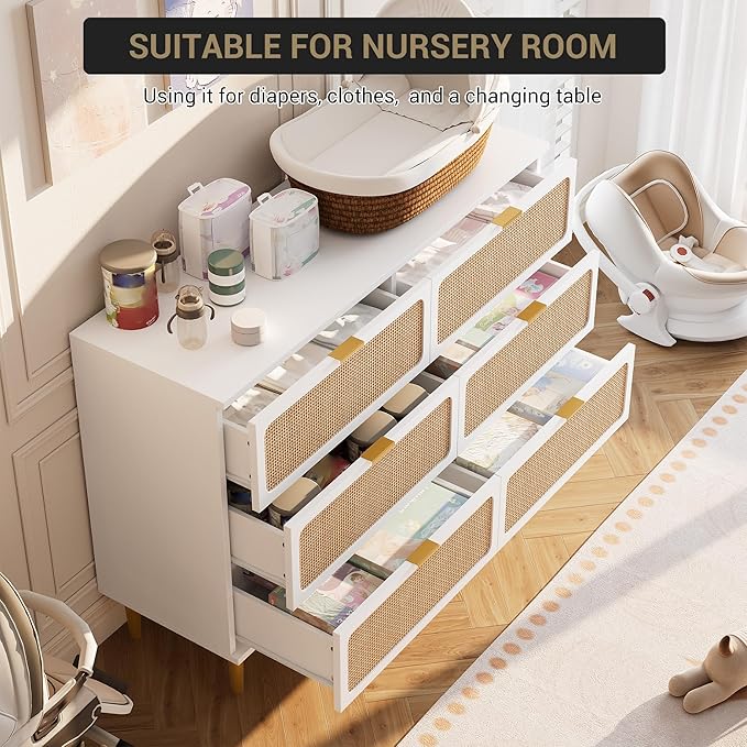 Garvee Rattan Dresser with 6 Drawers, Tall Modern Closet with Deep Storage, Large Chest of Drawers with Wide Top, Long Wooden Dresser for Bedroom, Living Room, Hallway, Kids Room, White