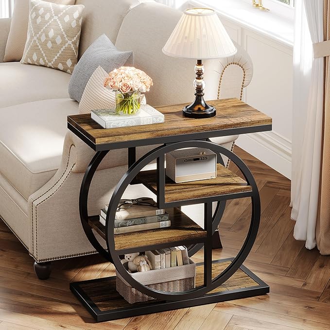 Tribesigns End Table for Living Room, 4-Tier Narrow Side Table with Storage Shelves, Industrial Bedside Table for Bedroom, Wood Small Sofa Side Table with Geometric Metal Frame (1 PC, Rustic Brown)