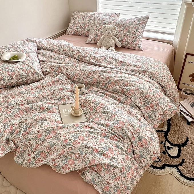Vintage Floral King Size Comforter Set Fluffy Soft Girl Pink Floral Bedding Comforter French Style Aesthetic Flowers Botanical Comforter with 2 Pillowcases Farmhouse Boho Comforter Set King Comfy Soft
