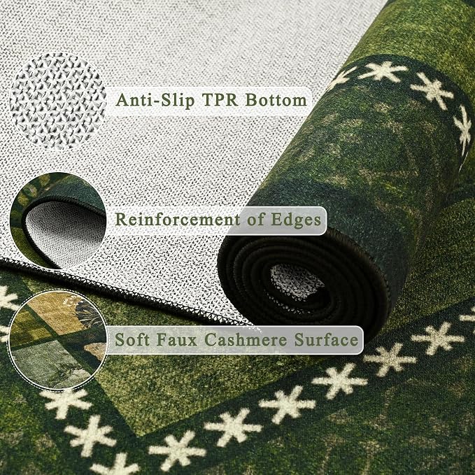 Tepook 4x6 Area Rugs for Living Room, Modern Large Geometric Rug for Bedroom, Washable Patchwork Rug Indoor Non Slip Throw Carpets for Dining Room Office Farmhouse Home Decor, Dark Green