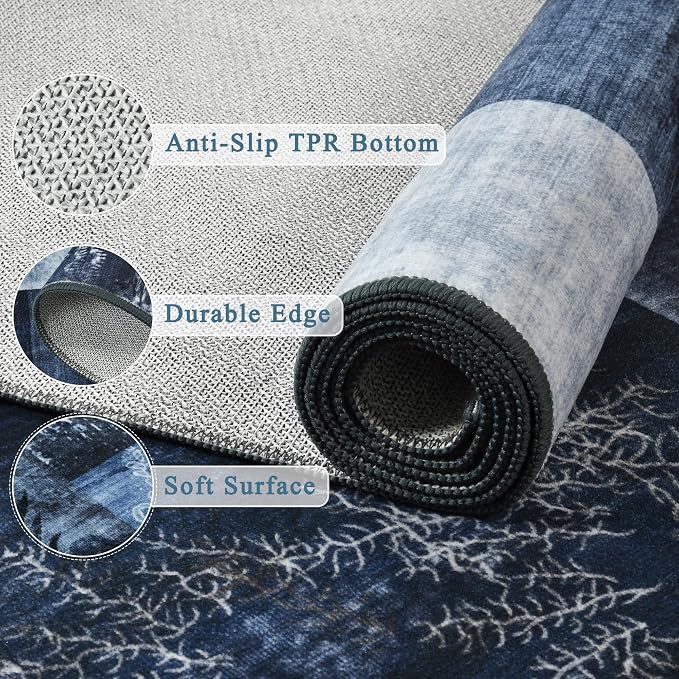 Tepook 4x6 Blue Area Rugs for Living Room, Modern Large Geometric Rug for Bedroom, Washable Patchwork Rug Indoor Non Slip Throw Carpets for Dining Room Office Farmhouse Home Decor