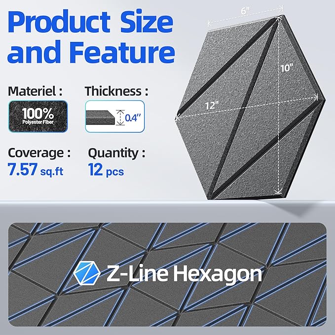 12 Pack Acoustic Panels with Self-Adhesive 12"X10"X0.4" Sound Proof Foam Panels for Walls, High Density Soundproof Wall Panels, Z-Line Hexagon Sound Dampening Panels for Home Studio Decor Office-Black