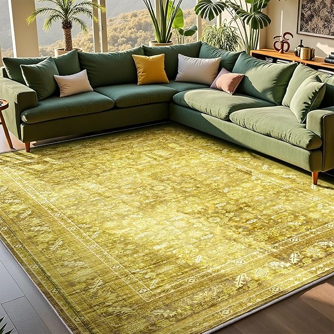 OPPODREAM Vintage Yellow Area Rugs 4x6, 4 x 6 Retro Washable Rug Non Slip, Low-Pile Faux Wool Carpet, Distressed Floor Mat for Living Room, Bedroom, Kitchen, Office, Dorm, Dinning Room