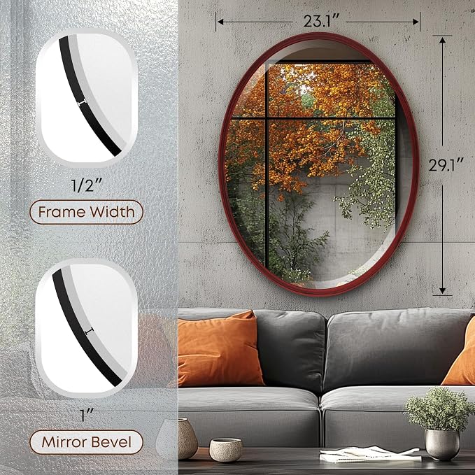 OVALCREST - Oval Wooden Beveled Wall Mirror for Home Decor, Bathroom, Vanity, Bedroom, Living Room, Hallway - London Style (Black Cherry) 29.1 x 23.1