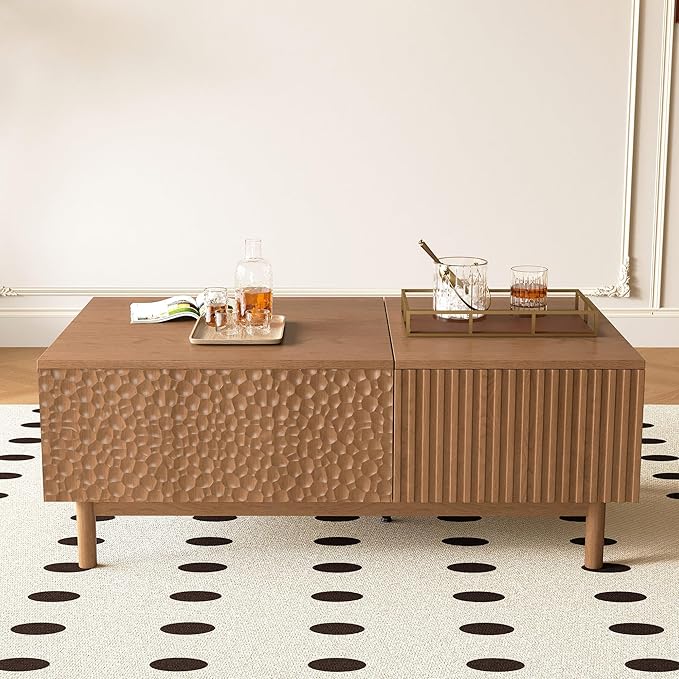 NessCarsti 51.1" Mid-Century Modern Lift Top Coffee Table, Walnut Rectangular Center Table with Hidden Storage, Drawers & Sturdy Wooden Legs, for Living Room, Apartment, Office